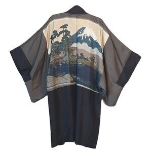 Japanese Silk Landscape Midi Haori Kimono Jacket OSFM Bohemian Artsy Art to Wear